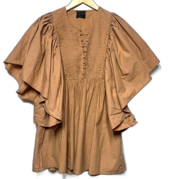 Hotel Particulier Billowy Sleeves Bohemian Chic Cotton Mini Camel-Brown Dress S - Picture 4 of 10